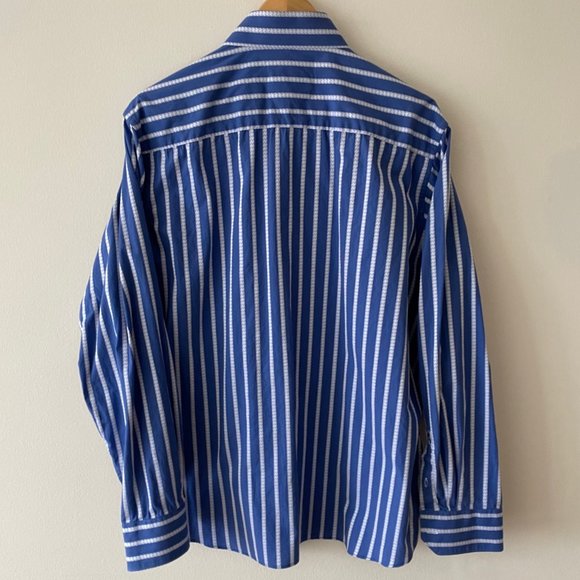 Bugatchi Shirt - Blue with White Stripe - Large - Classic Fit - Picture 2 of 5